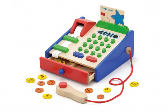 Caisse enregistreuse en bois - avec des pièces  