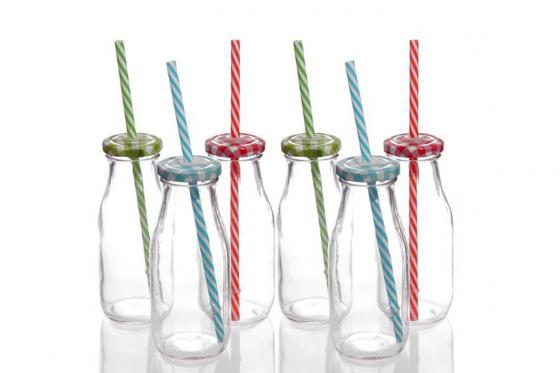 Retro Milchflaschen - 6er-Set inkl. Strohhalm  