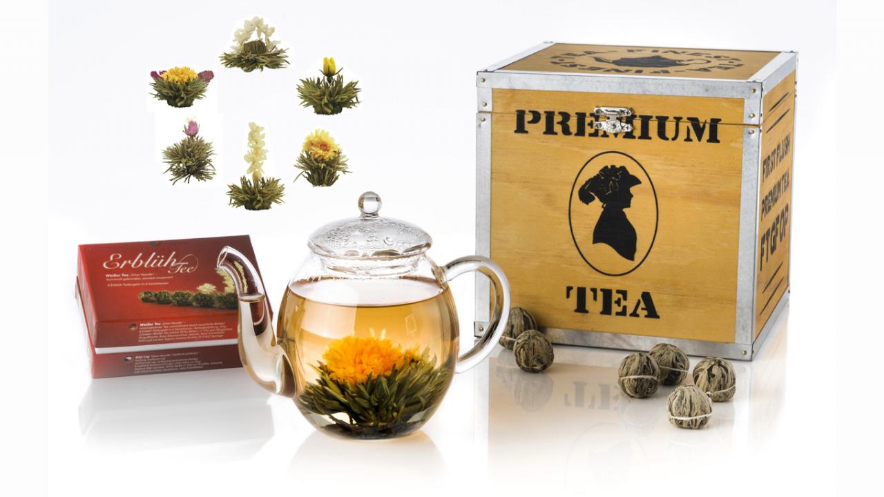 Teelini Teeblumen Im Tassenformat, Geschenkset In Teekiste Aus Holz, 12 ErblühTeelini In 4 Sorten, Weißer Tee, Geschenk Für Frauen, Mutter
