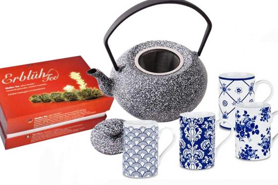 Tee Set - 4 Tassen, Teekanne und Erblühtee  