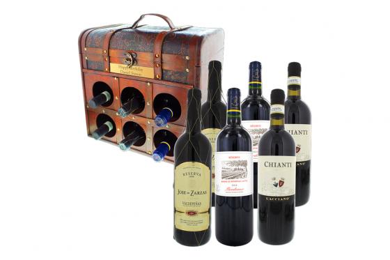 Gravierte Weintruhe - mit europäischen Rotweinen  