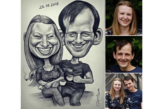 Handgezeichnete Karikaturen  - 2 Gesichter, Grösse A3, in schwarz-weiss & Pitt-Pastellstift 2 