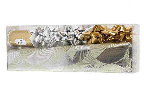 Geschenkverpackung Gold/Silber - 9-teiliges Set (Geschenkpapier, -band und Rosetten)  
