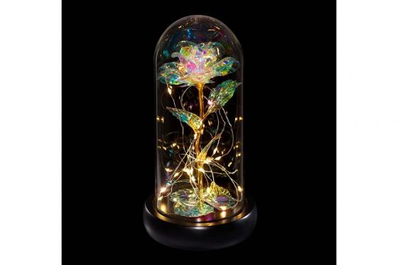 Rose lumineuse et son dôme en verre - Colorée  