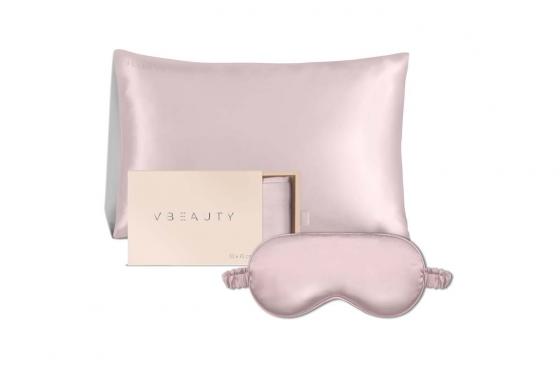 Oreiller et masque de nuit en soie - Ensemble rose pâle  