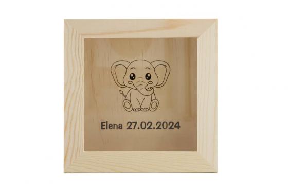 Tirelire avec motif éléphant - en bois, avec gravure  