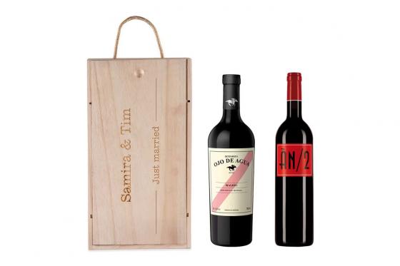 Weinkiste Set mit Gravur - Ojo de Aqua & AN/2, 2x 0.75 l  