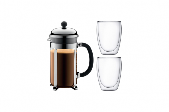 Cafetière 1 litre - avec 2 verres  