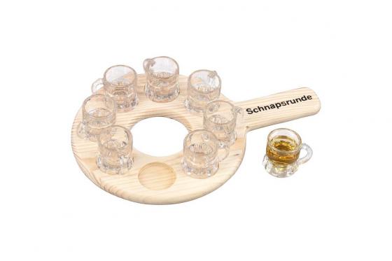 Schnapsrunde aus Holz - mit 8 Schnapsgläsern  