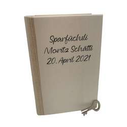 Sparbuch aus Holz , personalisierbar