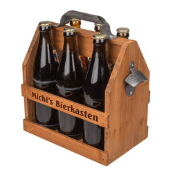 Flaschenträger, aus Holz, mit Gravur