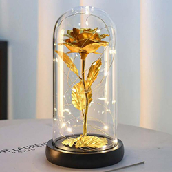Rose éternelle dorée sous dôme, avec LED