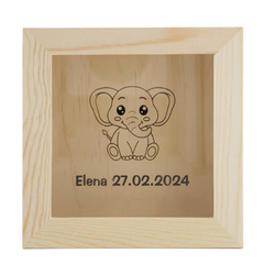 Tirelire avec motif éléphant, en bois, avec gravure